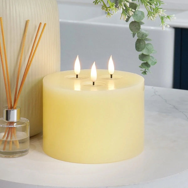 3 Wick Ivory LED Battery Pillar Candle 13cm(H) x 15cm(W) x 3