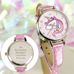 Personalised Unicorn with Pink Glitter Strap Girls Watch (Approx 7 Day Delivery Time)